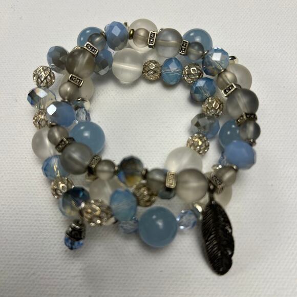 Handmade Beaded Bracelet Trio Sky Blue Gray Silver Tone Beads - Picture 2 of 9